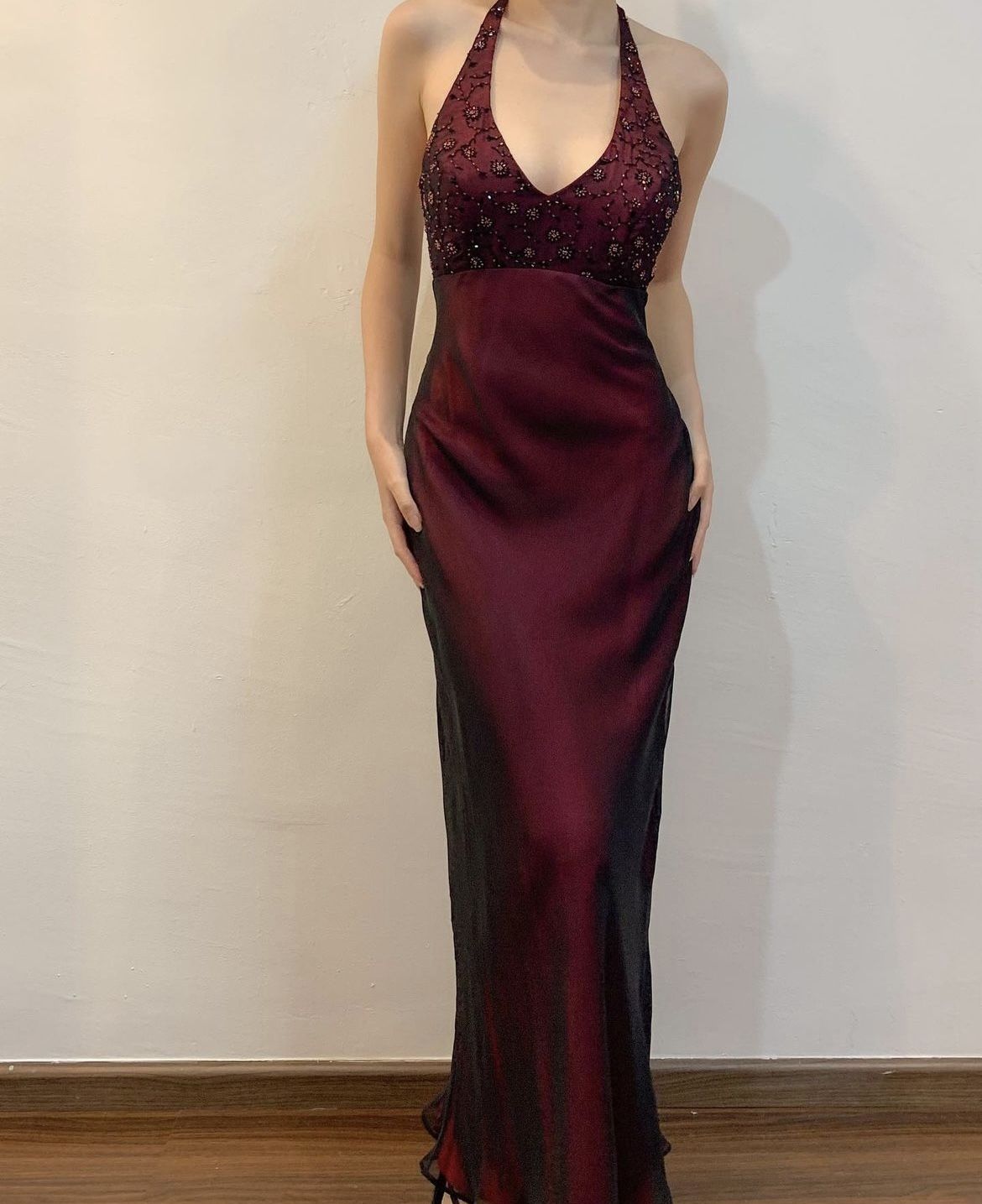 Vintage 90s Mermaid Halter Burgundy Tulle Long Formal Fancy Prom Evening Dress Dinner Outfits Classy Party Gowns AB2039