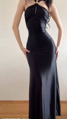 Women's Cocktail Party Gowns Mermaid Halter Black Satin With Pleated Ruched Graduation Dinner Outfits Prom Dresses AB1887