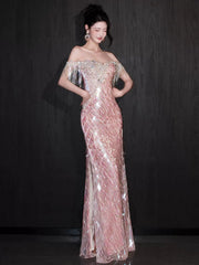 Glittery Mermaid Off The Shoulder Pink Sequins Short Sleeves Prom Dresses Inspiration Long Night Outfits Birthday Outfit AB2212