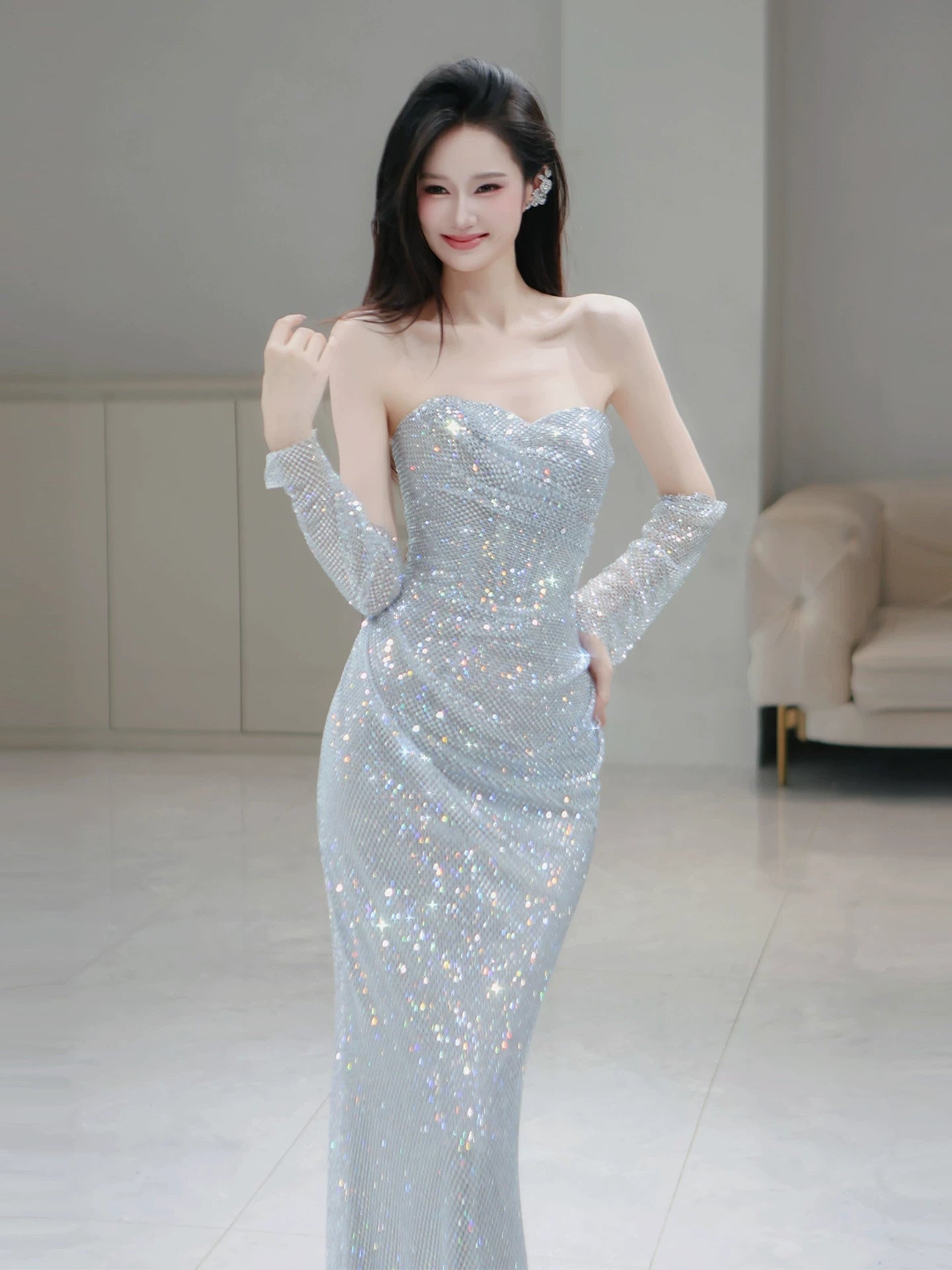 Glitter Mermaid Sweetheart Silver Gray Sequins With Gloves Prom Dresses Inspiration Long Night Outfits 18th Birthday Outfits AB2223