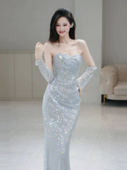 Glitter Mermaid Sweetheart Silver Gray Sequins With Gloves Prom Dresses Inspiration Long Night Outfits 18th Birthday Outfits AB2223
