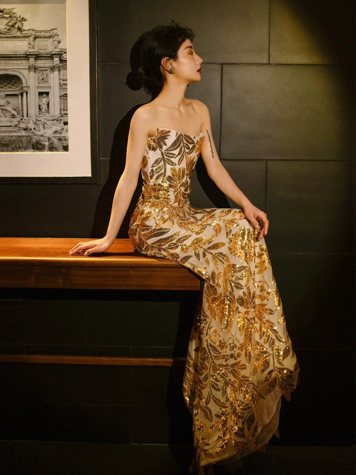 Glitter Mermaid Strapless Gold Sleeveless Prom Dresses Inspiration Long Night Outfits 18th Birthday Outfits AB2220