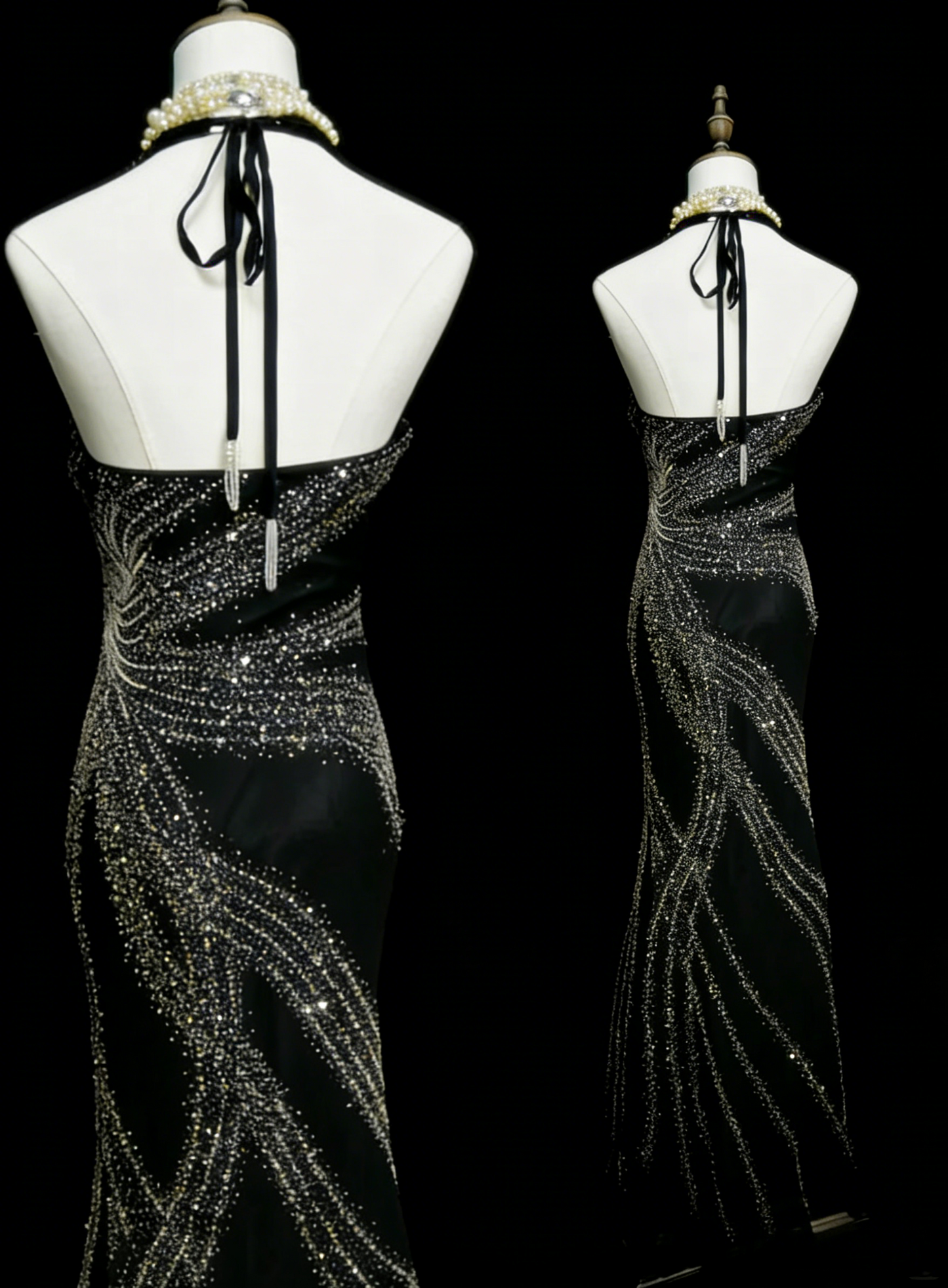 Vintage Mermaid V Neck Black With Beading Summer Formal For Women Girls Teens Prom Dresses N2232