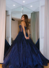 Classy Ball Gown Strapless Navy Blue Sequins Prom Dresses Party Dress Long Evening Dresses AB2165