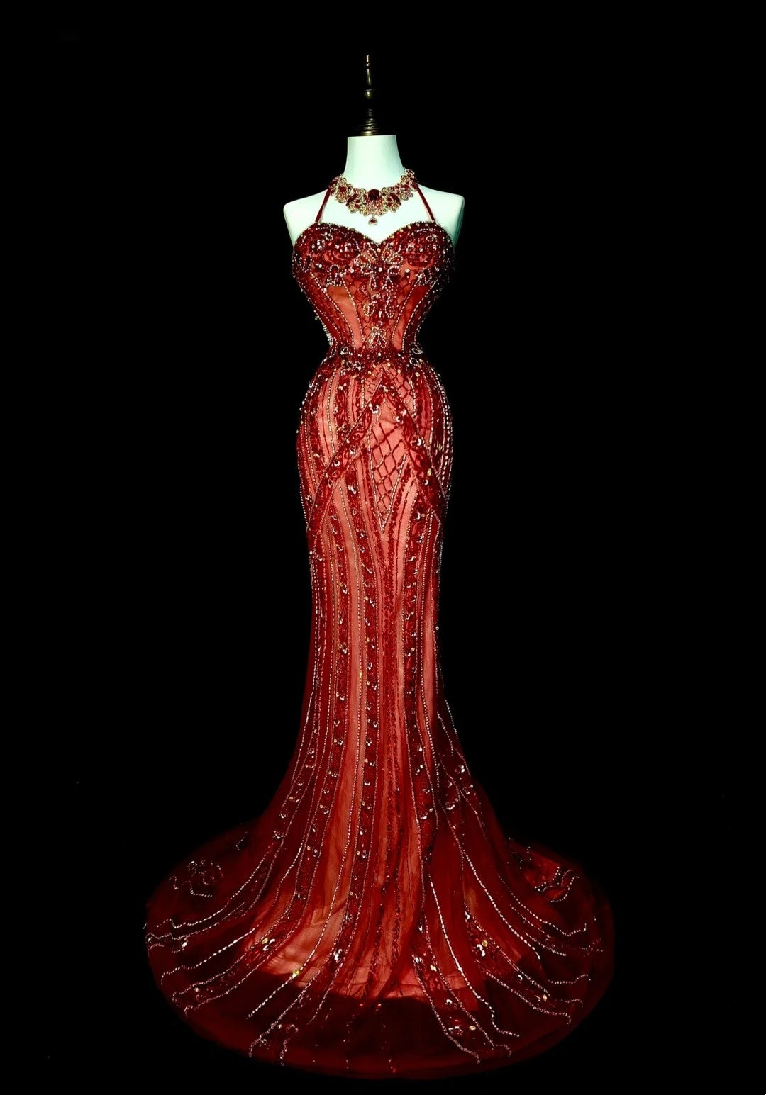 Vintage 1960s Mermaid Halter Burgundy Sleeveless Tulle Long Prom Formal Dresses N1582