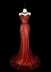 Vintage 1960s Mermaid Halter Burgundy Sleeveless Tulle Long Prom Formal Dresses N1582