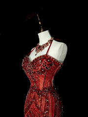 Vintage 1960s Mermaid Halter Burgundy Sleeveless Tulle Long Prom Formal Dresses N1582