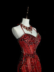 Vintage 1960s Mermaid Halter Burgundy Sleeveless Tulle Long Prom Formal Dresses N1582