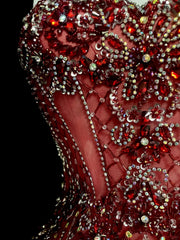 Vintage 1960s Mermaid Halter Burgundy Sleeveless Tulle Long Prom Formal Dresses N1582