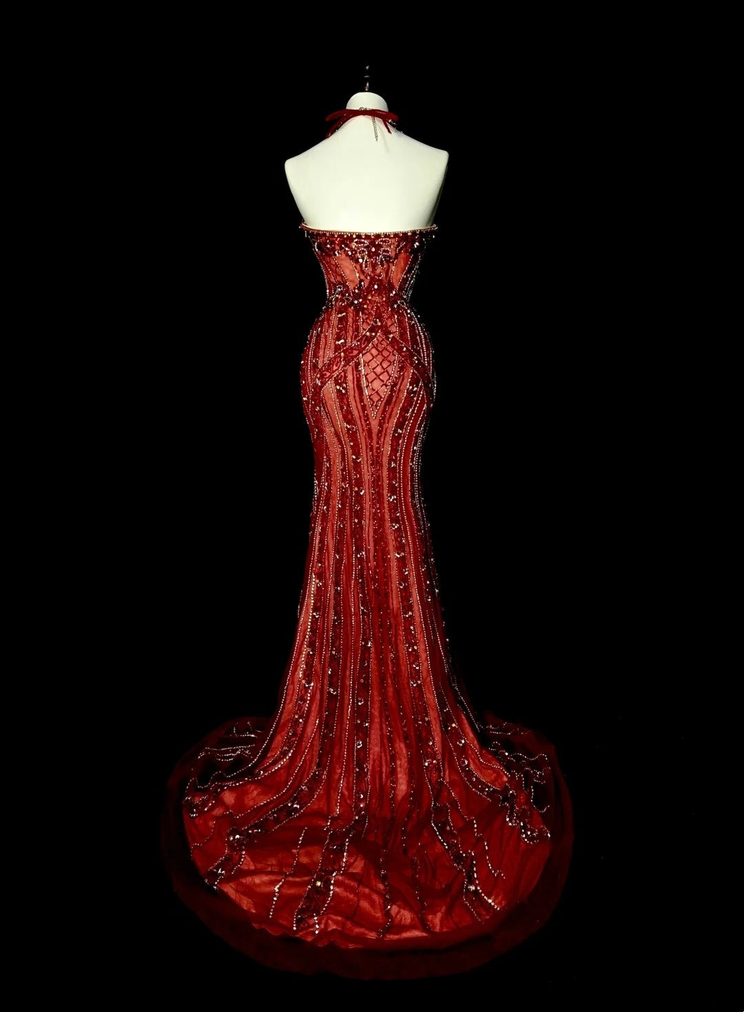 Vintage 1960s Mermaid Halter Burgundy Sleeveless Tulle Long Prom Formal Dresses N1582