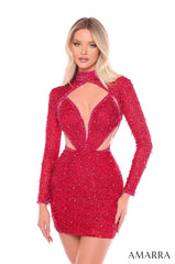 Amarra 88020 Fitted Long Sleeve Beaded Short Cocktail Dress