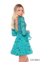 Amarra 88032 A Line Short Homecoming Long Sleeve Cocktail Dress