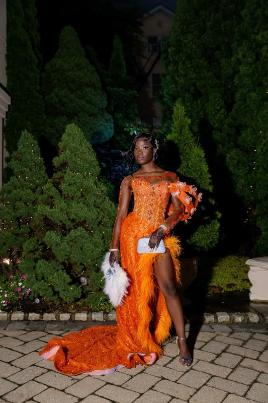 Modest Senior Prom Dresses High Schools Inspo Mermaid Orange Sequins Slit For Black Girls Semi Formal Grad Long Prom Dresses AB2159