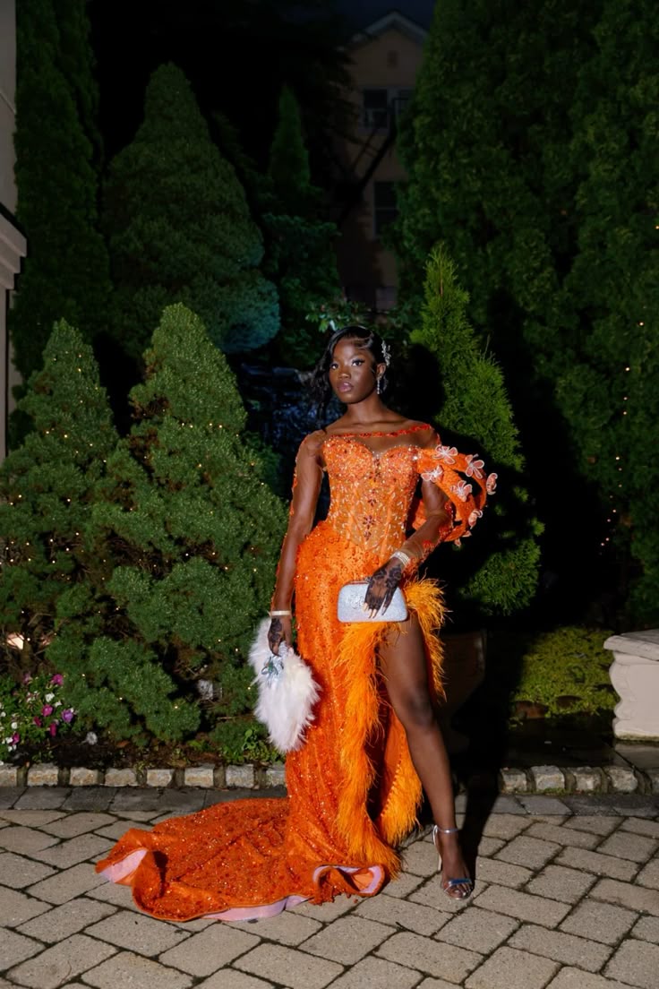 Modest Senior Prom Dresses High Schools Inspo Mermaid Orange Sequins Slit For Black Girls Semi Formal Grad Long Prom Dresses AB2159
