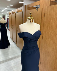 Navy Blue Off-the-shoulder Sweetheart Short Sleeves Long Mermaid Prom Dress Birthday Outfits AB2390