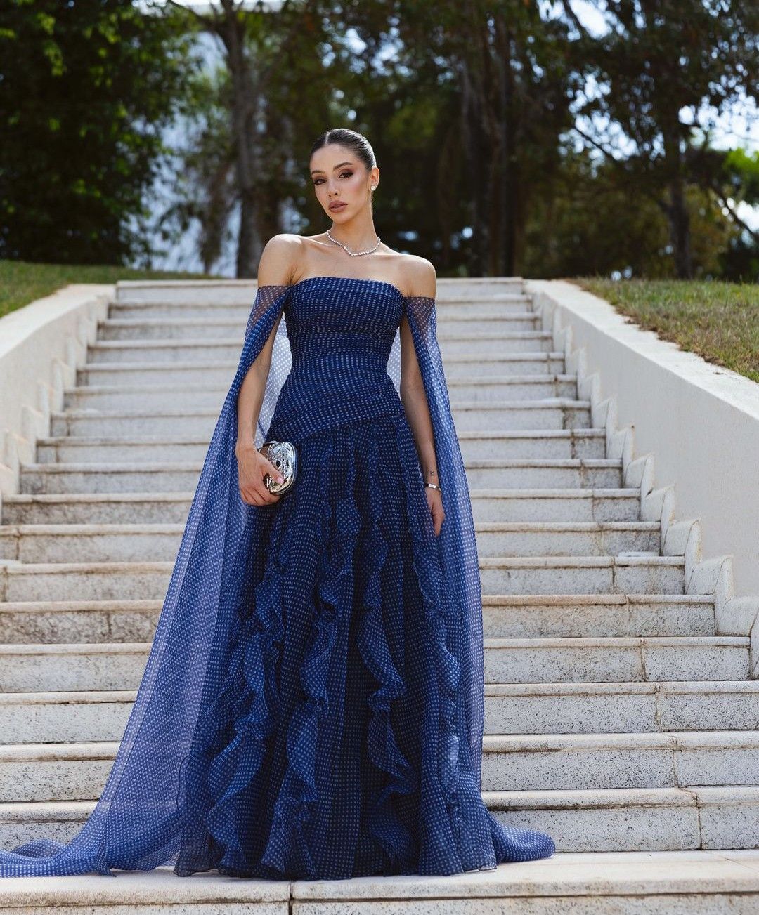 Elegant Mermaid Off The Shoulder Chiffon Navy Blue With Cape Sleeves Long Formal Fancy Prom Evening Dress Dinner Outfits Classy Party Gowns AB2048