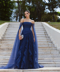 Elegant Mermaid Off The Shoulder Chiffon Navy Blue With Cape Sleeves Long Formal Fancy Prom Evening Dress Dinner Outfits Classy Party Gowns AB2048