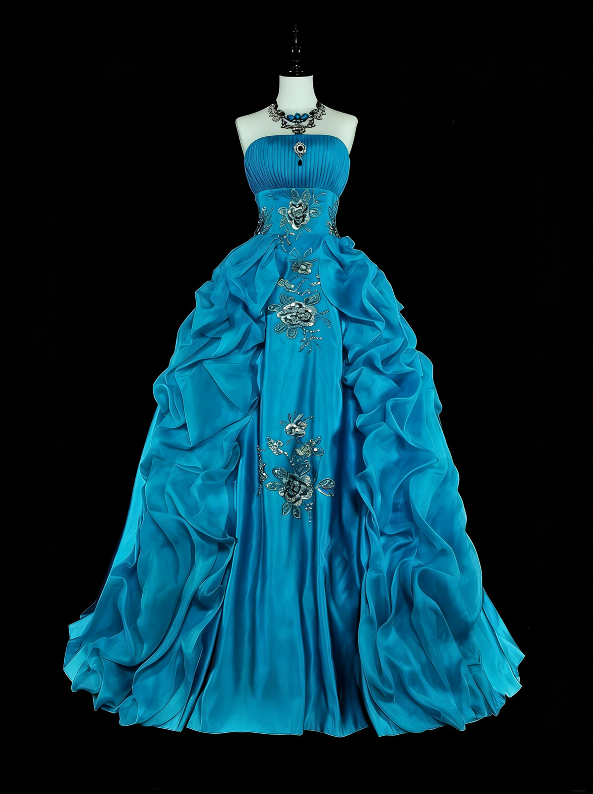 Vintage 1760s Ball Gown Strapless Blue Organza Sleeves Pleated Long Prom Dresses N1586