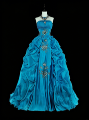 Vintage 1760s Ball Gown Strapless Blue Organza Sleeves Pleated Long Prom Dresses N1586