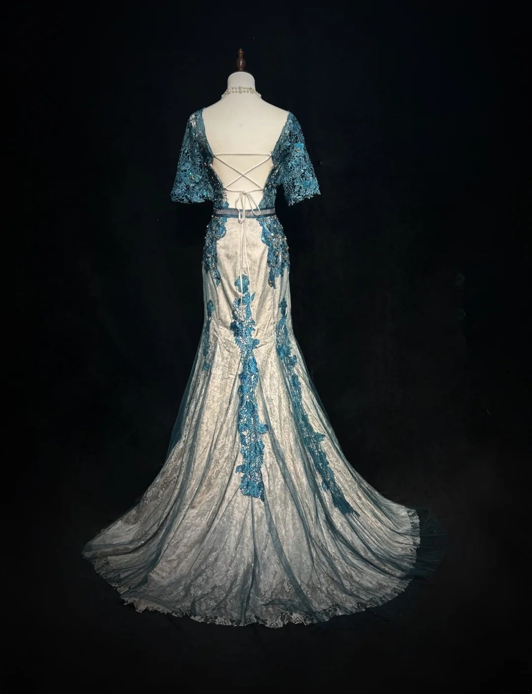 Vintage Prom Dresses Inspo Mermaid Lace Blue Tulle Lace 80s With Appliqued Formal Gowns N3366
