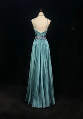 Vintage Classy Prom Dresses A Line Tiffany Blue V Neck Lace Satin With Beaded Evening Long Dress N3300