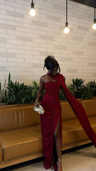 Elegant Classy Burgundy Maxi Dress Chiffon Long Formal Party Gown with Slit Birthday Outfits AB2308