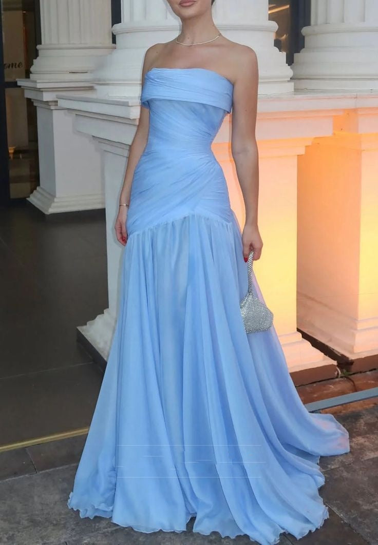 straight across sleeveless pleated a-line evening dress Prom Dress AB1913