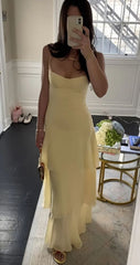 Charming Mermaid Spaghetti Straps Yellow Long Prom Dress with Ruffles Birthday Outfits AB2309