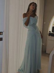 Sexy Mermaid Off The Shoulder Light Sky Blue Chiffon Prom Dresses Party Dress Long Evening Dresses AB2139