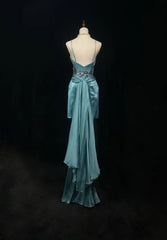 Vintage Classy Prom Dresses A Line Tiffany Blue V Neck Lace Satin With Beaded Evening Long Dress N3300