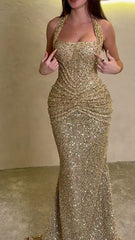 Modest Senior Prom Dresses High Schools Inspiration Mermaid Halter Gold Sequin With Pleated Semi Formal Grad Long Prom Dress For Teens AB1981