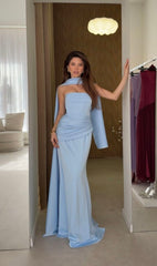 Chic Mermaid Strapless Blue Sleeveless With Scarf Spring Formal Dress Long Prom Dresses N2675