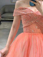 Classy Prom Dresses Inspiration A line Off The Shoulder Coral Pink Tulle Semi Formal Dance Grad Prom Dresses For Teens High Schools AB1945
