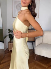 Simple Mermaid One Shoulder Slim Yellow Silky Satin Long Formal Fancy Prom Backless Evening Dress Dinner Outfits Classy Party Gowns AB2040