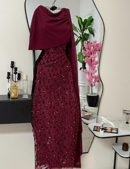 Elegant Sheath Navy Blue Sequins With Cape Long Formal Fancy Prom Evening Dress Dinner Outfits Classy Party Gowns AB2046