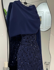 Elegant Sheath Navy Blue Sequins With Cape Long Formal Fancy Prom Evening Dress Dinner Outfits Classy Party Gowns AB2046