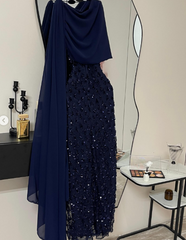 Elegant Sheath Navy Blue Sequins With Cape Long Formal Fancy Prom Evening Dress Dinner Outfits Classy Party Gowns AB2046