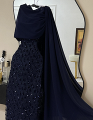 Elegant Sheath Navy Blue Sequins With Cape Long Formal Fancy Prom Evening Dress Dinner Outfits Classy Party Gowns AB2046