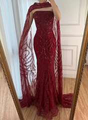 Elegant Mermaid Strapless Burgundy With Sequins Scarf Long Formal Fancy Evening Dress Dinner Outfits Classy Party Gowns AB2060