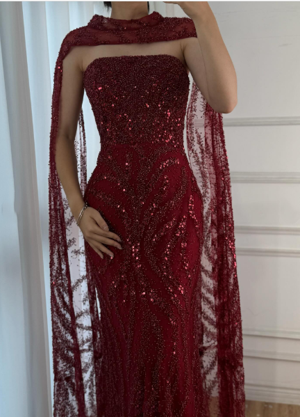 Elegant Mermaid Strapless Burgundy With Sequins Scarf Long Formal Fancy Evening Dress Dinner Outfits Classy Party Gowns AB2060