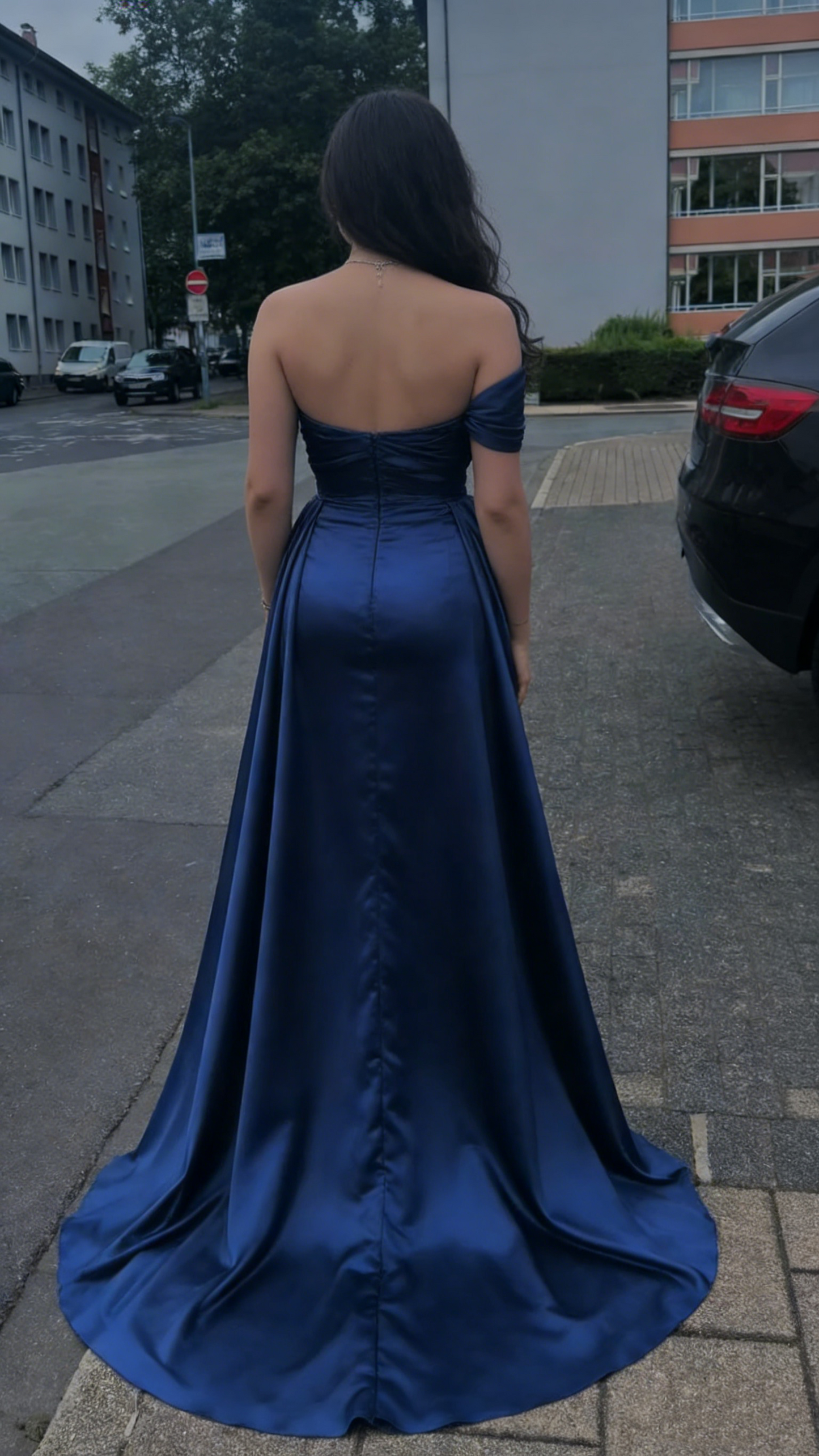 Elegant Mermaid Off The Shoulder Navy Blue With Pleated Sleeves Long Formal Prom Evening Dress Dinner Outfits Party Gowns AB2061