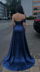 Elegant Mermaid Off The Shoulder Navy Blue With Pleated Sleeves Long Formal Prom Evening Dress Dinner Outfits Party Gowns AB2061
