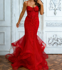 Elegant Mermaid Spaghetti Straps Red Sequin With Beadings Long Formal Prom Evening Dress Dinner Outfits Party Gowns AB2142