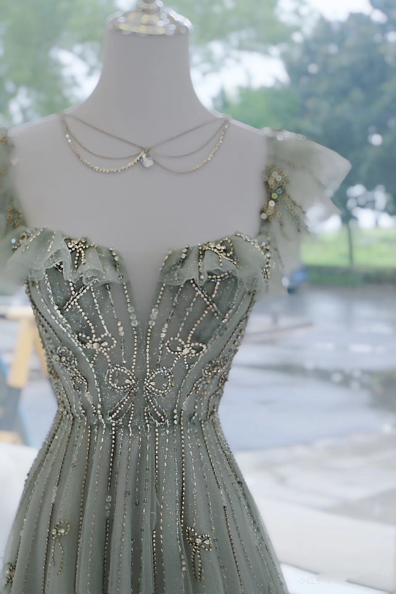 Elegant A line Square Neck Green Tulle Long Formal Prom Evening Dresses Dinner Outfits Party Gowns AQ137