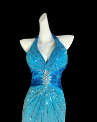 Modest Mermaid Halter Blue With Slit Beads Sleeveless Long Prom Dresses High School Senior Graduation Dance Party Outfits AS016