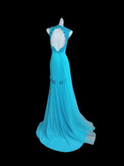 Modest Mermaid Halter Blue With Backless Sleeveless Long Prom Dresses High School Senior Graduation Dance Evening Outfits AS019