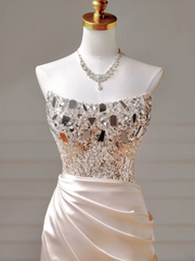 Chic Prom Dresses Aesthetic Mermaid Strapless Blush Pink Satin With Pleated Beads Slit Inspo Impress Long Party Formal Gown For Teenagers High Schools AQ020