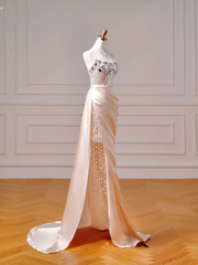 Chic Prom Dresses Aesthetic Mermaid Strapless Blush Pink Satin With Pleated Beads Slit Inspo Impress Long Party Formal Gown For Teenagers High Schools AQ020