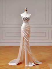 Chic Prom Dresses Aesthetic Mermaid Strapless Blush Pink Satin With Pleated Beads Slit Inspo Impress Long Party Formal Gown For Teenagers High Schools AQ020