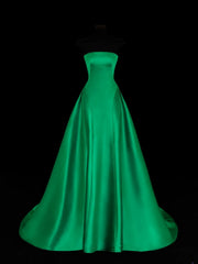 Modest Prom Dress Aesthetic Ball Gowns Strapless Green Satin Style Impress Long Prom Dresses Party Formal Gowns SA025